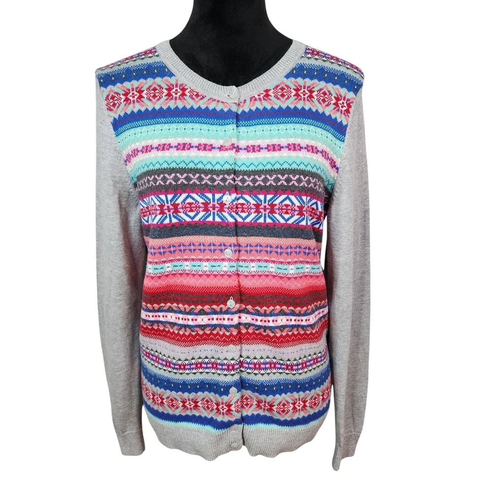 TALBOTS Size Small Colorful Winter Holiday Button Front Preppy Cardigan Sweater